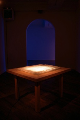 Map room with illuminated table.  Bird sounds are played in the space; ambient ebbs and flows.